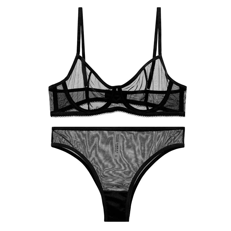Sexy Lace Ultra-thin Bra Set for Women Mesh Transparent Lingerie French Underwire Push Up Brassiere and Panties Black Temptation