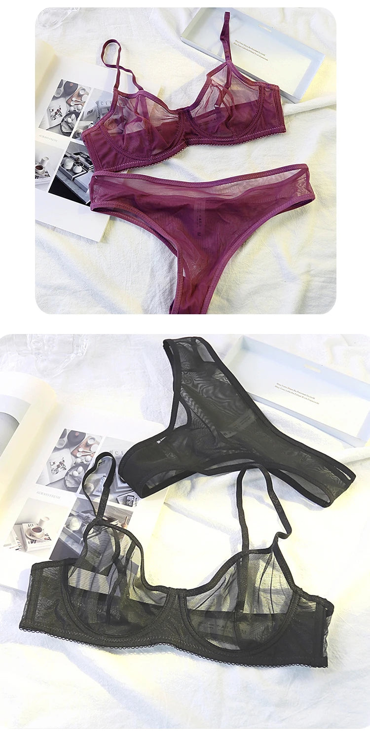 Sexy Lace Ultra-thin Bra Set for Women Mesh Transparent Lingerie French Underwire Push Up Brassiere and Panties Black Temptation
