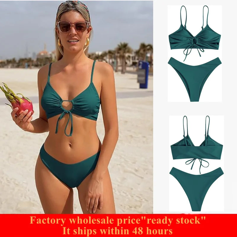 2025 Solid Brazilian Bathing Suit O-ring cut out drawstring chest cami bikini set padded two piece swimsuit swimwear for women