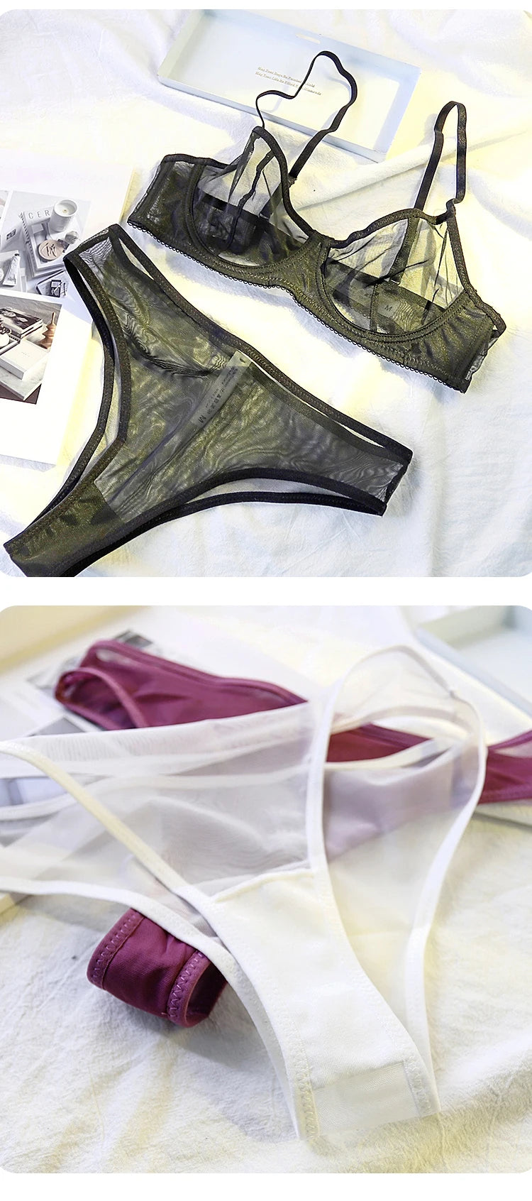Sexy Lace Ultra-thin Bra Set for Women Mesh Transparent Lingerie French Underwire Push Up Brassiere and Panties Black Temptation