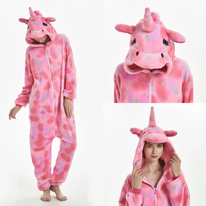 Animal Onesies Kigurumi Unicorn Pajamas Set Women Winter Overall Flannel Cartoon Cosplay Sleepwear Jumpsuit Men Homewear Pijama