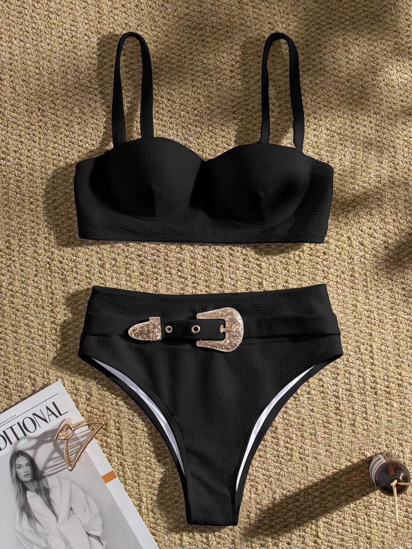 Sexy Rhinestone Belt High Waist Bikinis Set 2025 Women Solid White Black Push Up Underwire Swimsuit Buckle Bathing Suit Swimwear