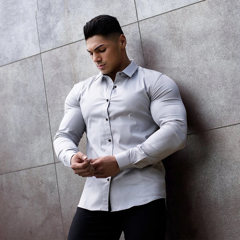 Long Sleeve Solid Shirt Super Slim Fit Male Social Business Dress Brand Men Fitness Men's Casual Sports Shirts Sports Clothing