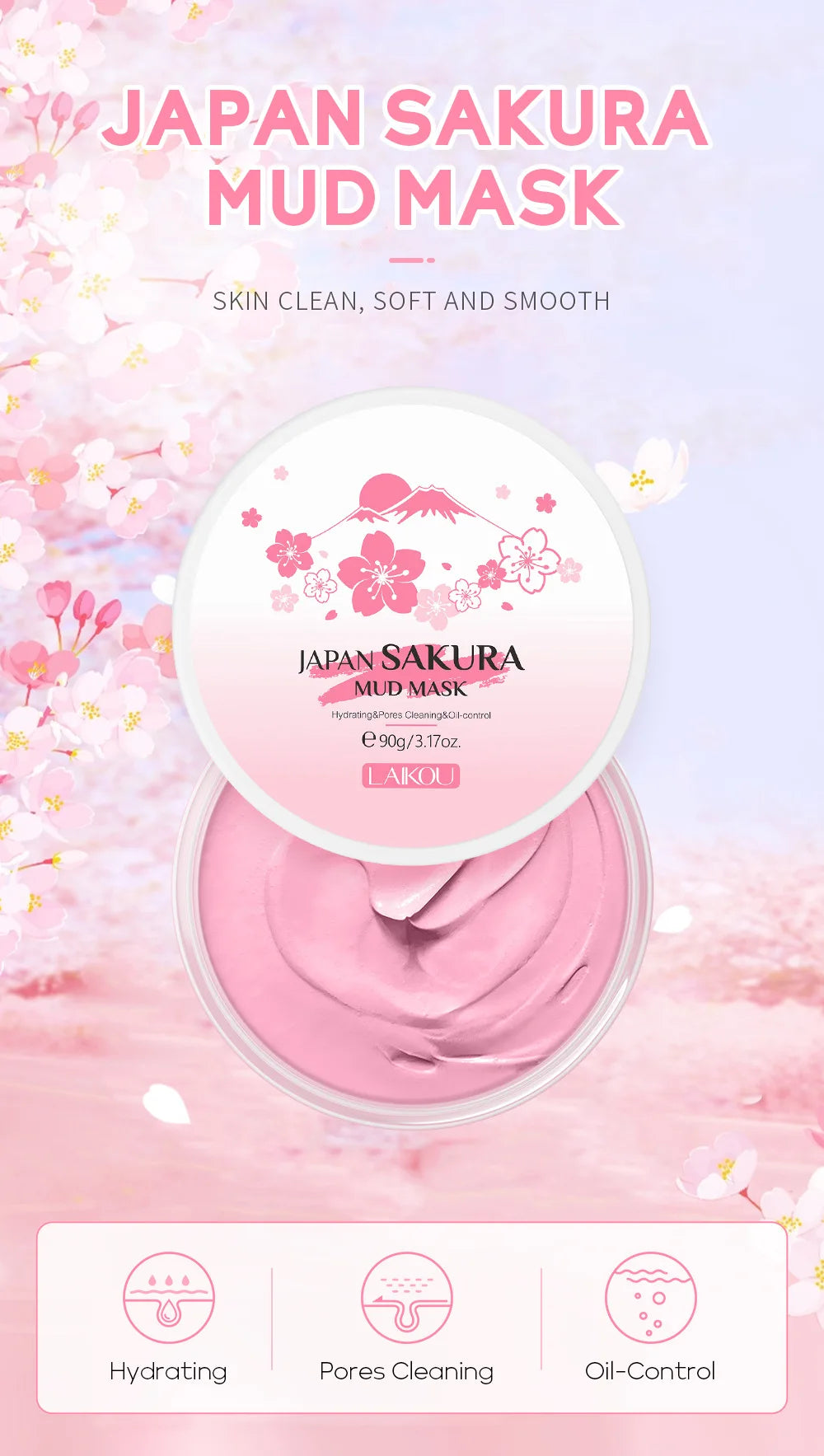 LAIKOU Japan Sakura Clay Mask Deep Cleansing Skin Mud Korean Face Mask Oil Control Shrink Pores Skin Care 80g