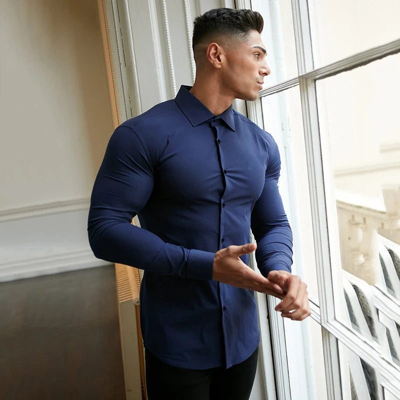 Long Sleeve Solid Shirt Super Slim Fit Male Social Business Dress Brand Men Fitness Men's Casual Sports Shirts Sports Clothing