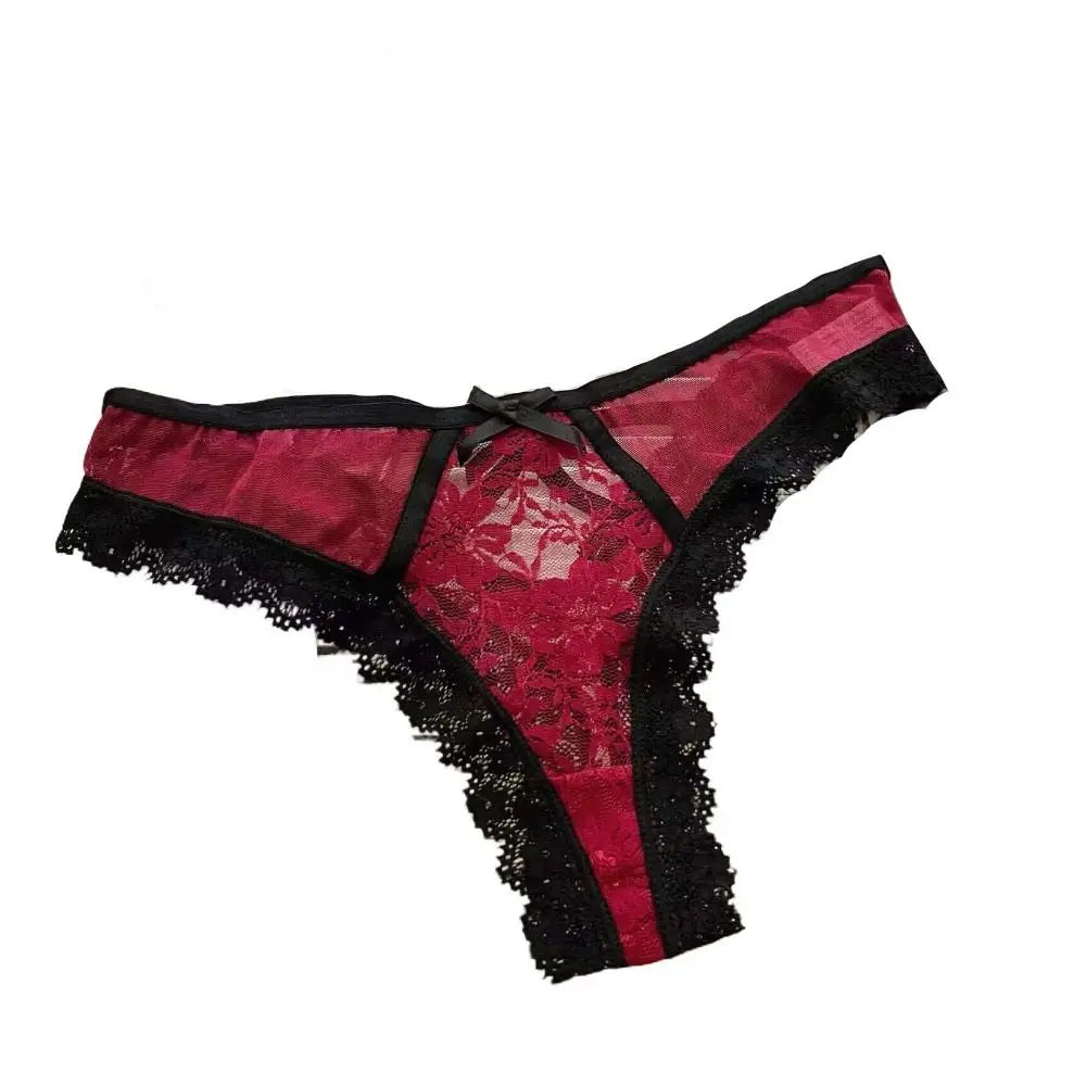 Patchwork Mesh Floral Bowknot Panties Thong Hollow Out Lace Flower Transparent Briefs Cotton Crotch Female Lingerie Lady