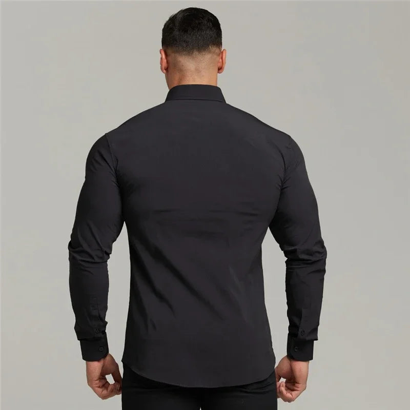 Long Sleeve Solid Shirt Super Slim Fit Male Social Business Dress Brand Men Fitness Men's Casual Sports Shirts Sports Clothing