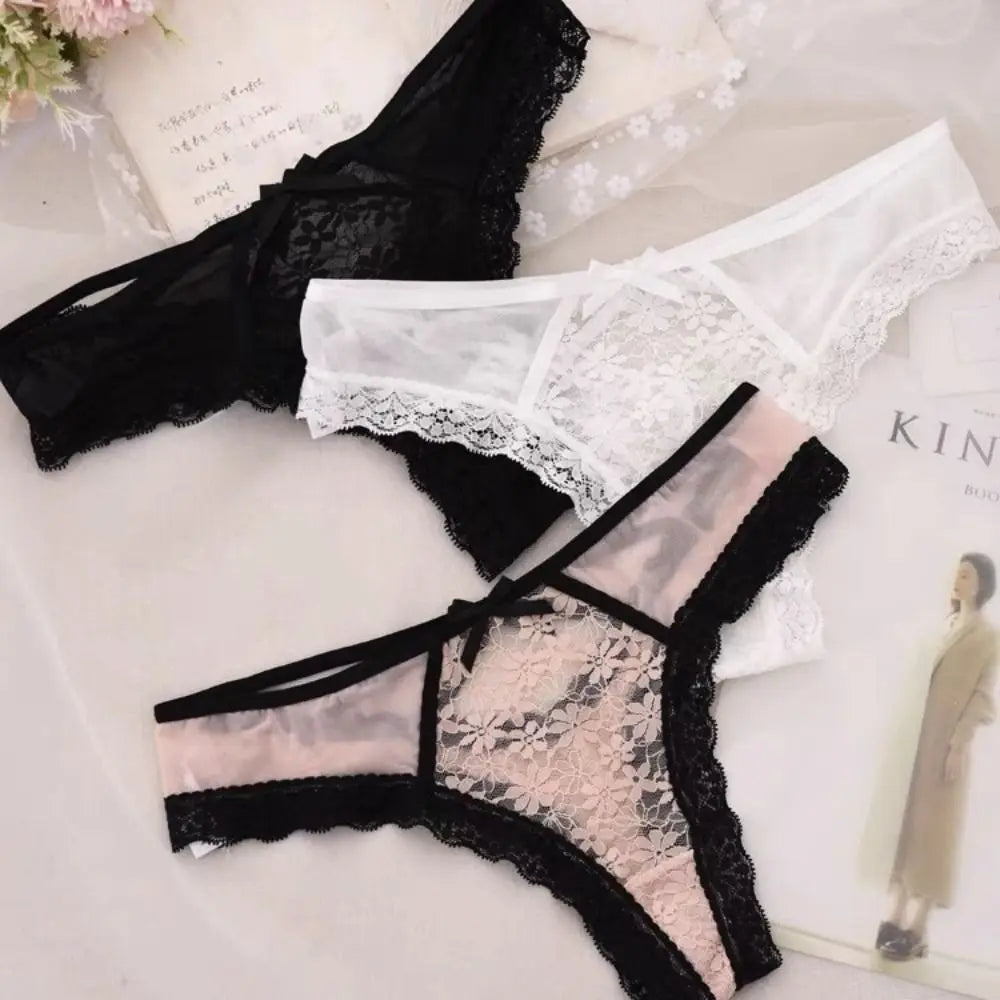 Patchwork Mesh Floral Bowknot Panties Thong Hollow Out Lace Flower Transparent Briefs Cotton Crotch Female Lingerie Lady