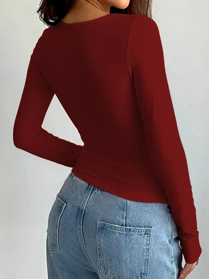 2025 Summer Solid Crew Neck T-Shirt, Casual Long Sleeve Top For Spring & Fall,Women's Clothing