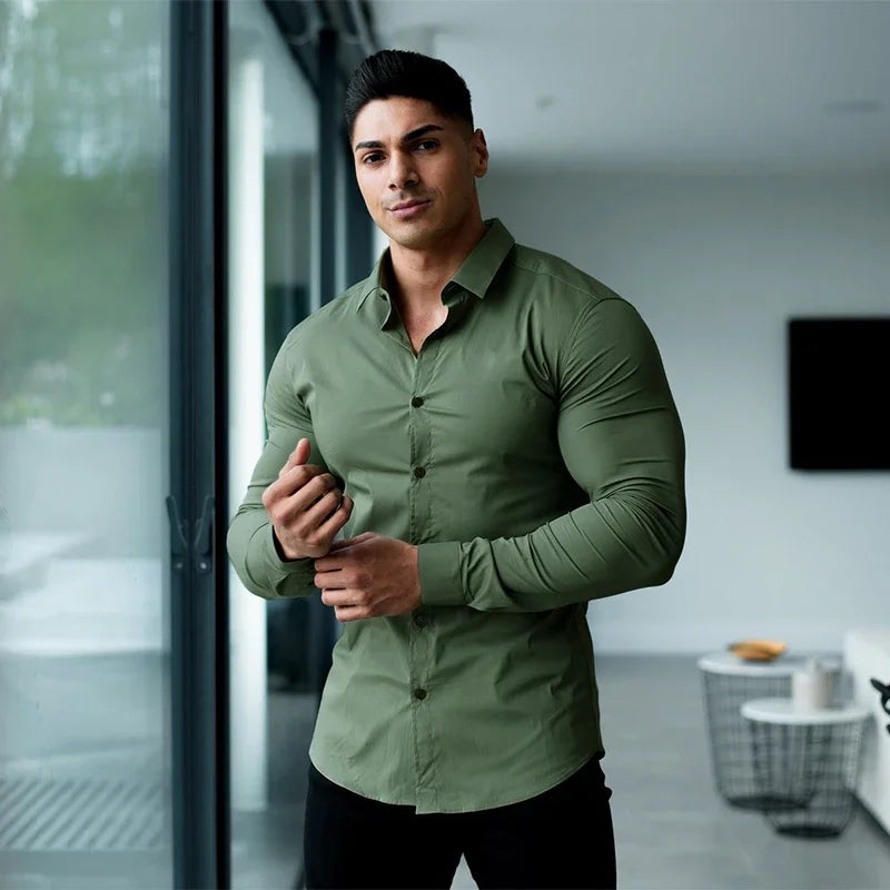 Long Sleeve Solid Shirt Super Slim Fit Male Social Business Dress Brand Men Fitness Men's Casual Sports Shirts Sports Clothing