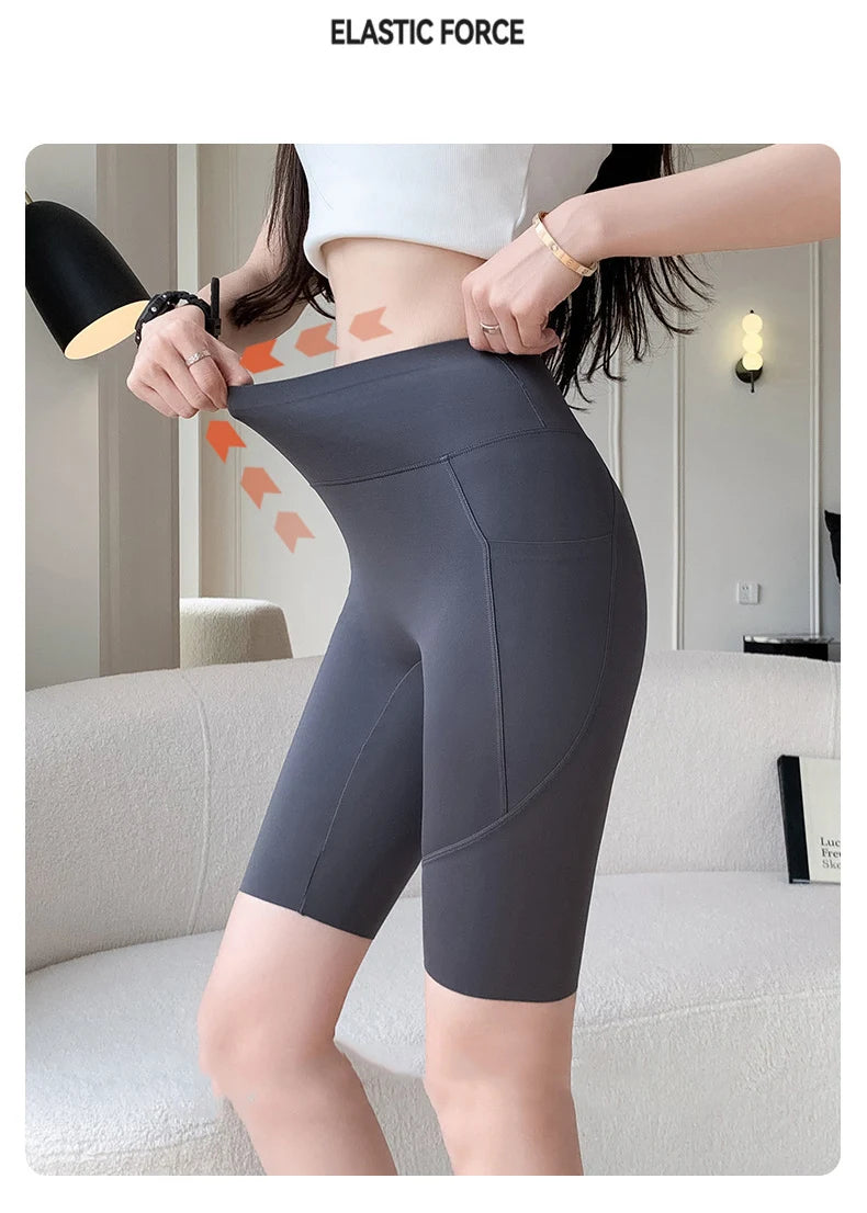 BIVIGAOS Side Pocket Biker Sharkskin Shorts Leggings Women Summer High Waist Thin Slim Skinny Yoga Running Sport Cycling Shorts