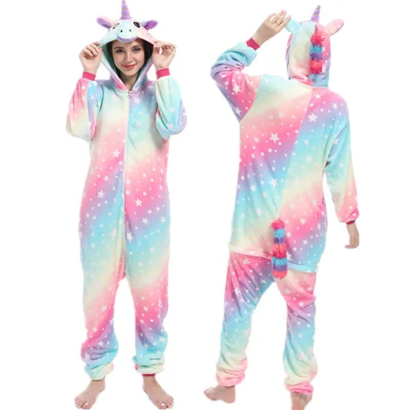 Animal Onesies Kigurumi Unicorn Pajamas Set Women Winter Overall Flannel Cartoon Cosplay Sleepwear Jumpsuit Men Homewear Pijama