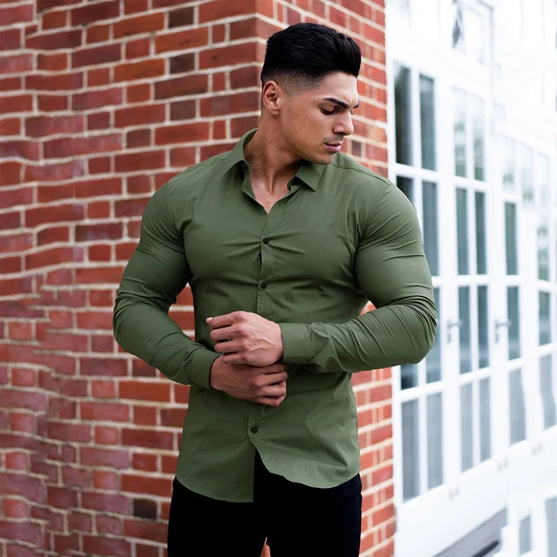 Long Sleeve Solid Shirt Super Slim Fit Male Social Business Dress Brand Men Fitness Men's Casual Sports Shirts Sports Clothing