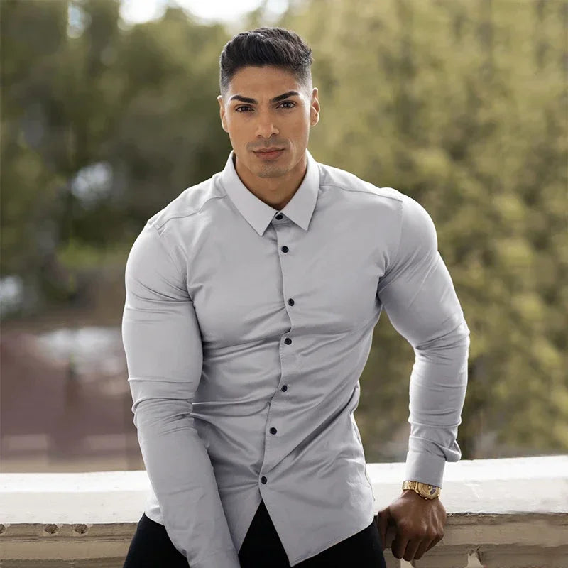 Long Sleeve Solid Shirt Super Slim Fit Male Social Business Dress Brand Men Fitness Men's Casual Sports Shirts Sports Clothing
