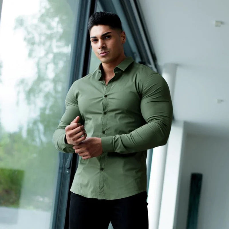 Long Sleeve Solid Shirt Super Slim Fit Male Social Business Dress Brand Men Fitness Men's Casual Sports Shirts Sports Clothing