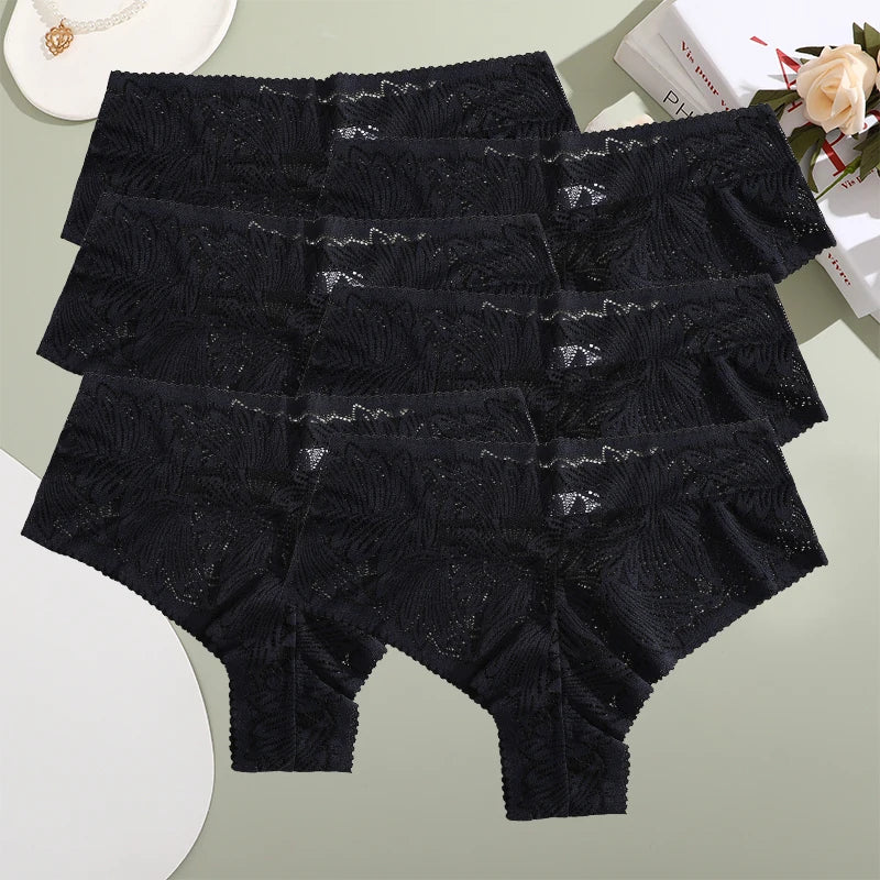 6pcs Women's Sexy Lace Breathable Panties Seamless High Waist Transparent G-String Solid Color Hollow Breathable Underwear S-XXL