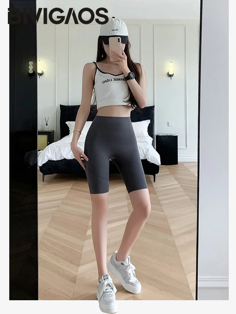 BIVIGAOS Side Pocket Biker Sharkskin Shorts Leggings Women Summer High Waist Thin Slim Skinny Yoga Running Sport Cycling Shorts