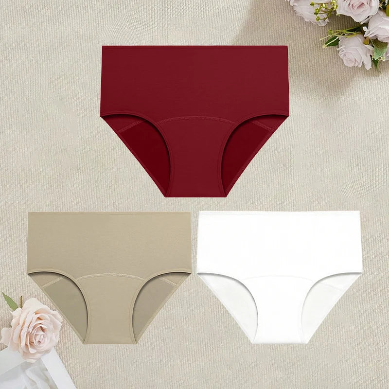 3Pcs/Set Cotton High Waist Physiological Panties For Women Solid Color Leakproof Breathable Underwear Menstrual Period Lingerie