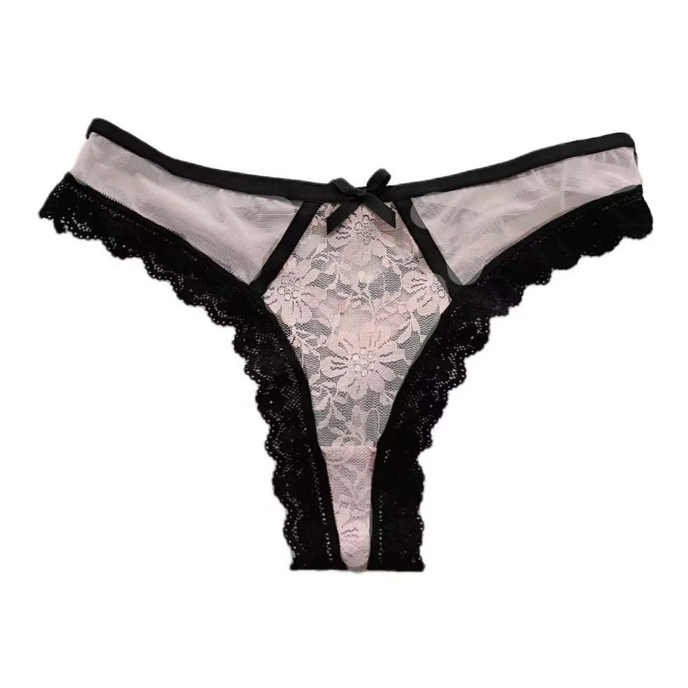 Patchwork Mesh Floral Bowknot Panties Thong Hollow Out Lace Flower Transparent Briefs Cotton Crotch Female Lingerie Lady