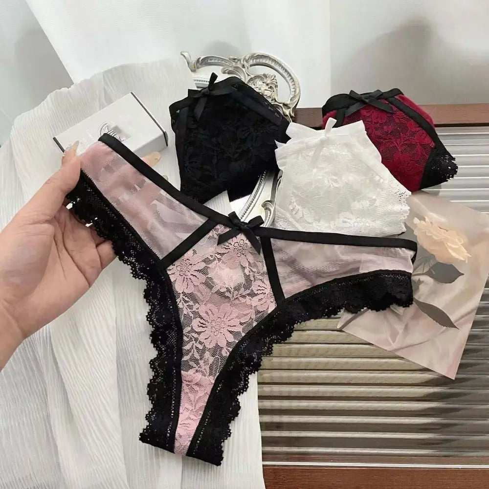 Patchwork Mesh Floral Bowknot Panties Thong Hollow Out Lace Flower Transparent Briefs Cotton Crotch Female Lingerie Lady
