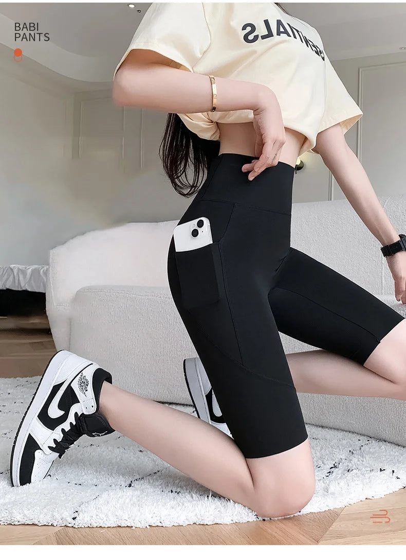 BIVIGAOS Side Pocket Biker Sharkskin Shorts Leggings Women Summer High Waist Thin Slim Skinny Yoga Running Sport Cycling Shorts