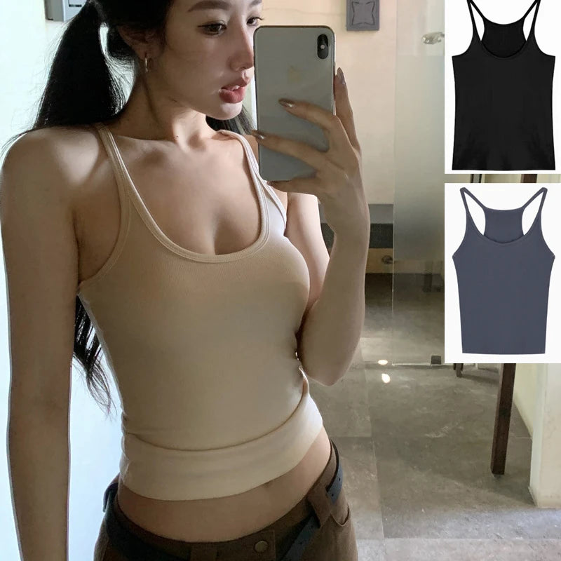 1pcs Summer Women Solid Color Basic Ribbed Knitted Tank Top Vintage Sleeveless Camis Cool Girls Streetwear Sexy Tees S-2XL