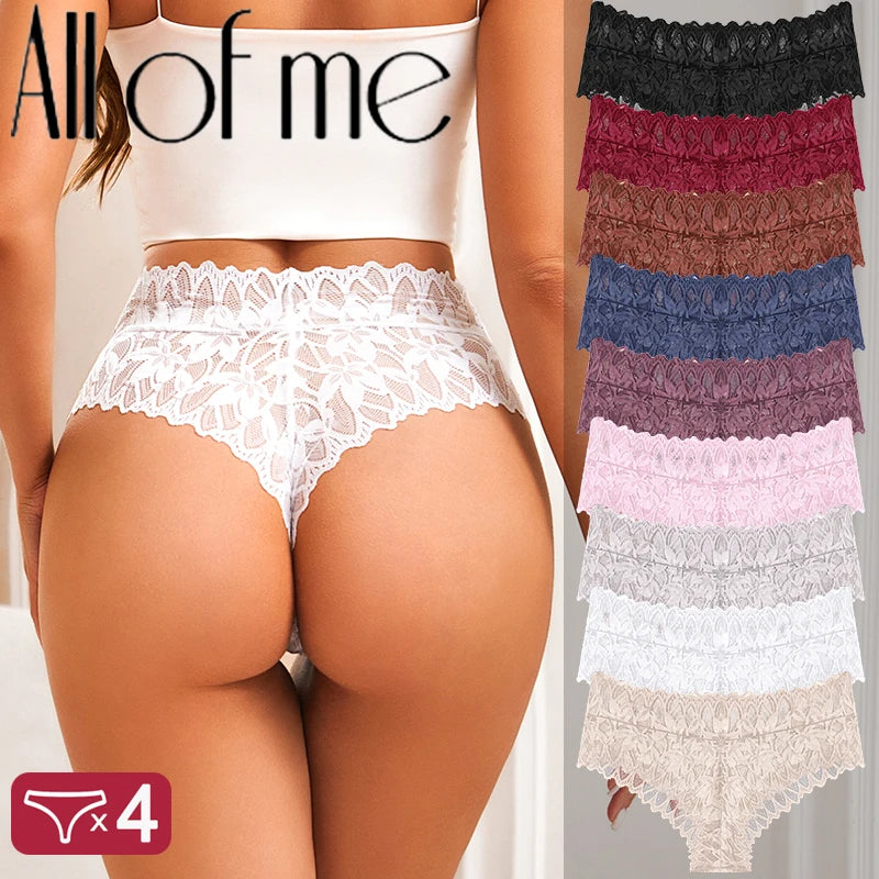4PCS Women Floral Lace Panties Sexy Perspective G-String High Waist Solid Color Underpants Female Breathable Intimates Lingerie