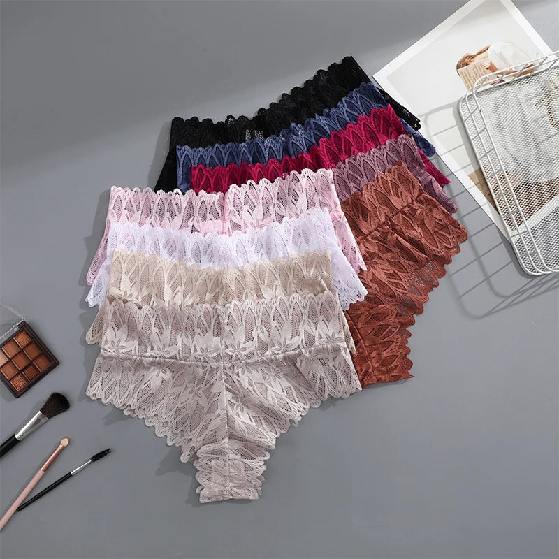 4PCS Women Floral Lace Panties Sexy Perspective G-String High Waist Solid Color Underpants Female Breathable Intimates Lingerie