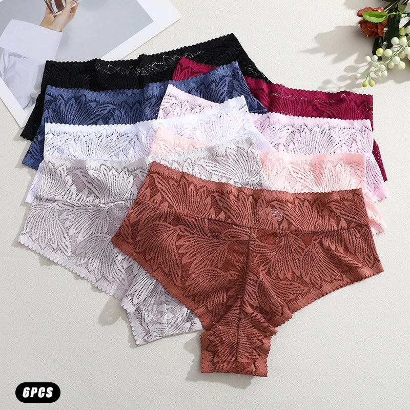 6pcs Women's Sexy Lace Breathable Panties Seamless High Waist Transparent G-String Solid Color Hollow Breathable Underwear S-XXL
