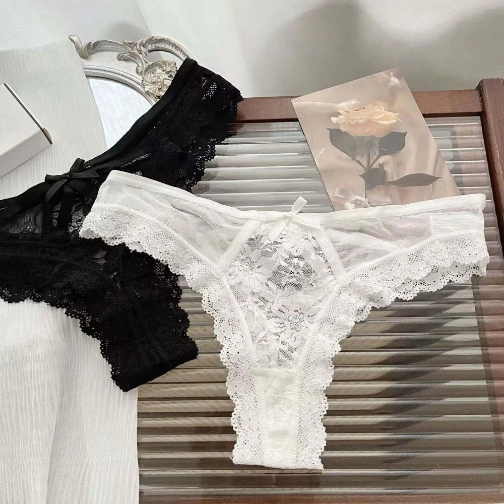 Patchwork Mesh Floral Bowknot Panties Thong Hollow Out Lace Flower Transparent Briefs Cotton Crotch Female Lingerie Lady
