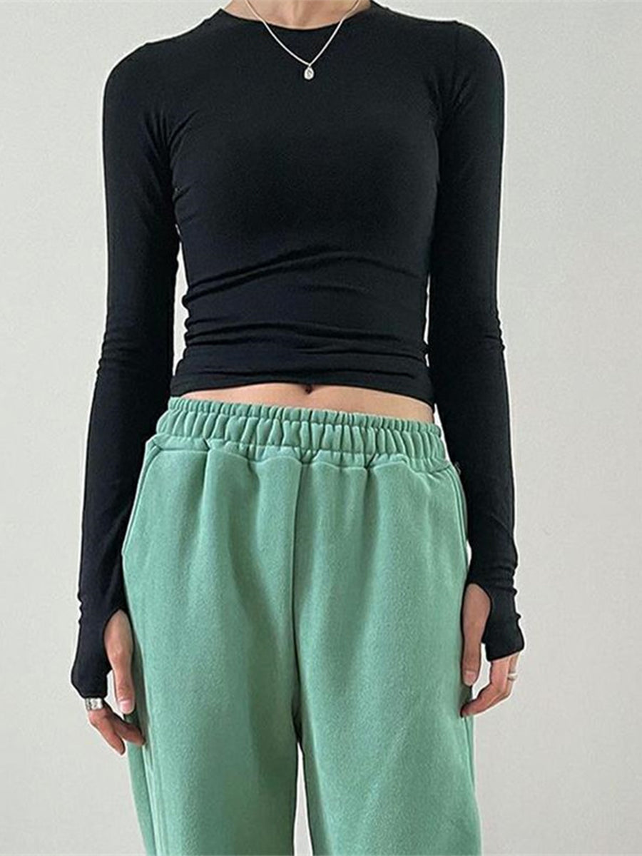 Women Casual Thumb Hole Shirt Trendy  Fit Long Sleeve Round Neck Tops Summer Solid Color Tee