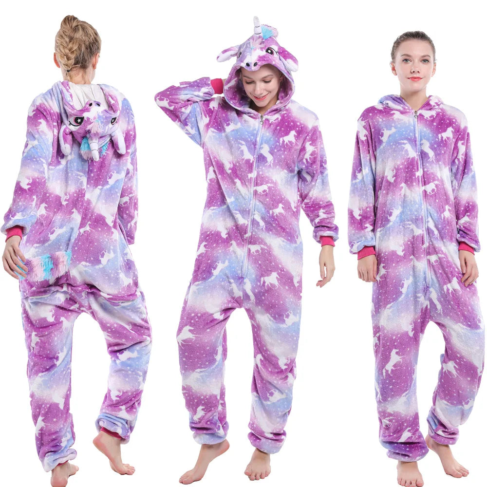 Animal Onesies Kigurumi Unicorn Pajamas Set Women Winter Overall Flannel Cartoon Cosplay Sleepwear Jumpsuit Men Homewear Pijama