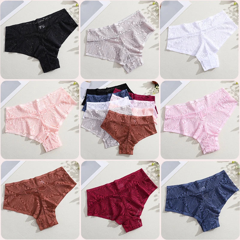 6pcs Women's Sexy Lace Breathable Panties Seamless High Waist Transparent G-String Solid Color Hollow Breathable Underwear S-XXL