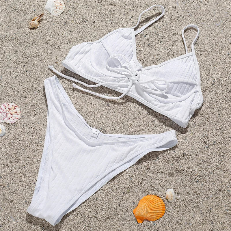 Ribbed Underwired V-Bar Bikini 2025 Women Swimsuit Female Swimwear Two Pieces Bikini Set Knotted Push Up Bathing Suit Swim Lady