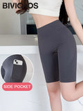 BIVIGAOS Side Pocket Biker Sharkskin Shorts Leggings Women Summer High Waist Thin Slim Skinny Yoga Running Sport Cycling Shorts