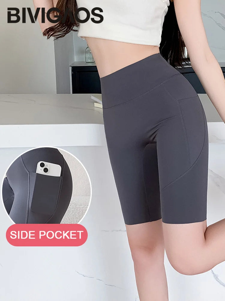 BIVIGAOS Side Pocket Biker Sharkskin Shorts Leggings Women Summer High Waist Thin Slim Skinny Yoga Running Sport Cycling Shorts