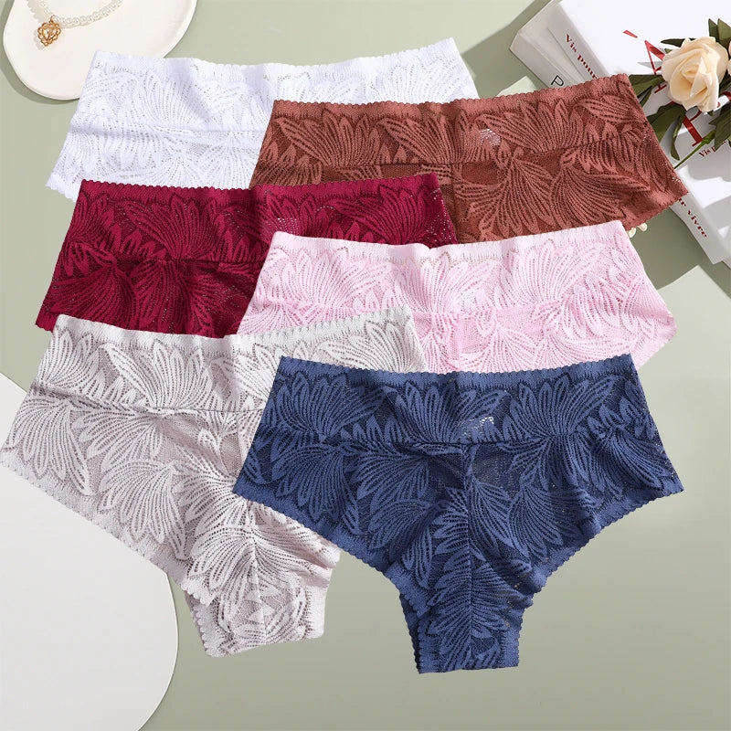 6pcs Women's Sexy Lace Breathable Panties Seamless High Waist Transparent G-String Solid Color Hollow Breathable Underwear S-XXL