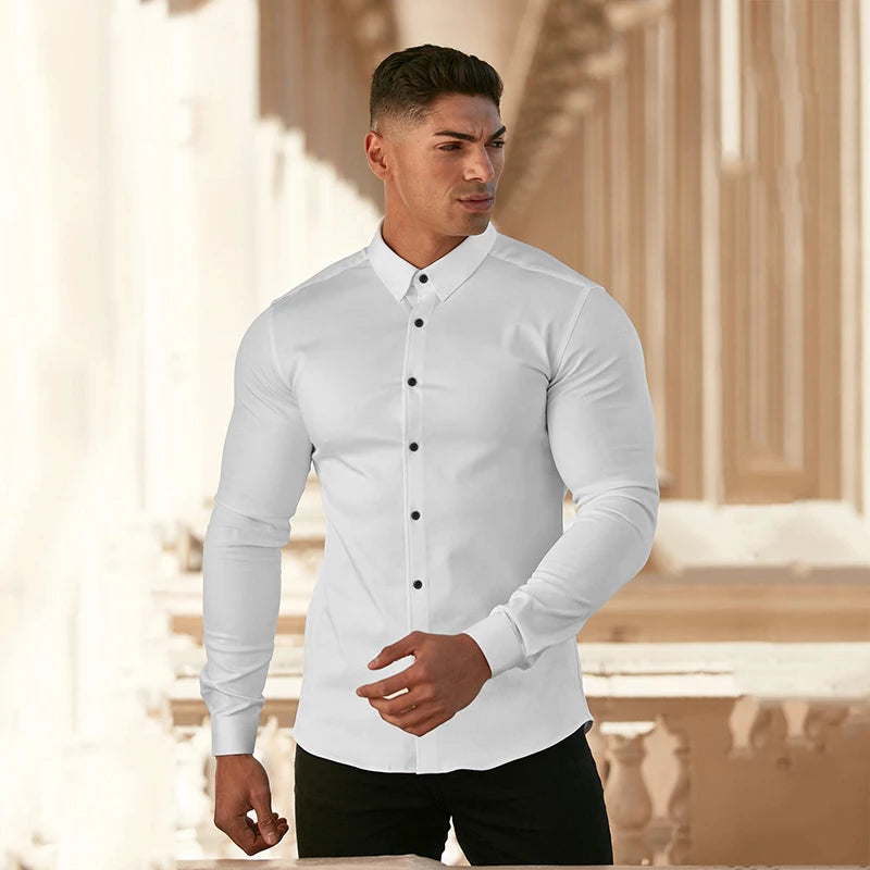 Long Sleeve Solid Shirt Super Slim Fit Male Social Business Dress Brand Men Fitness Men's Casual Sports Shirts Sports Clothing