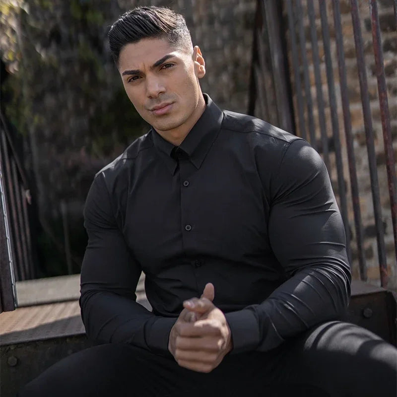 Long Sleeve Solid Shirt Super Slim Fit Male Social Business Dress Brand Men Fitness Men's Casual Sports Shirts Sports Clothing