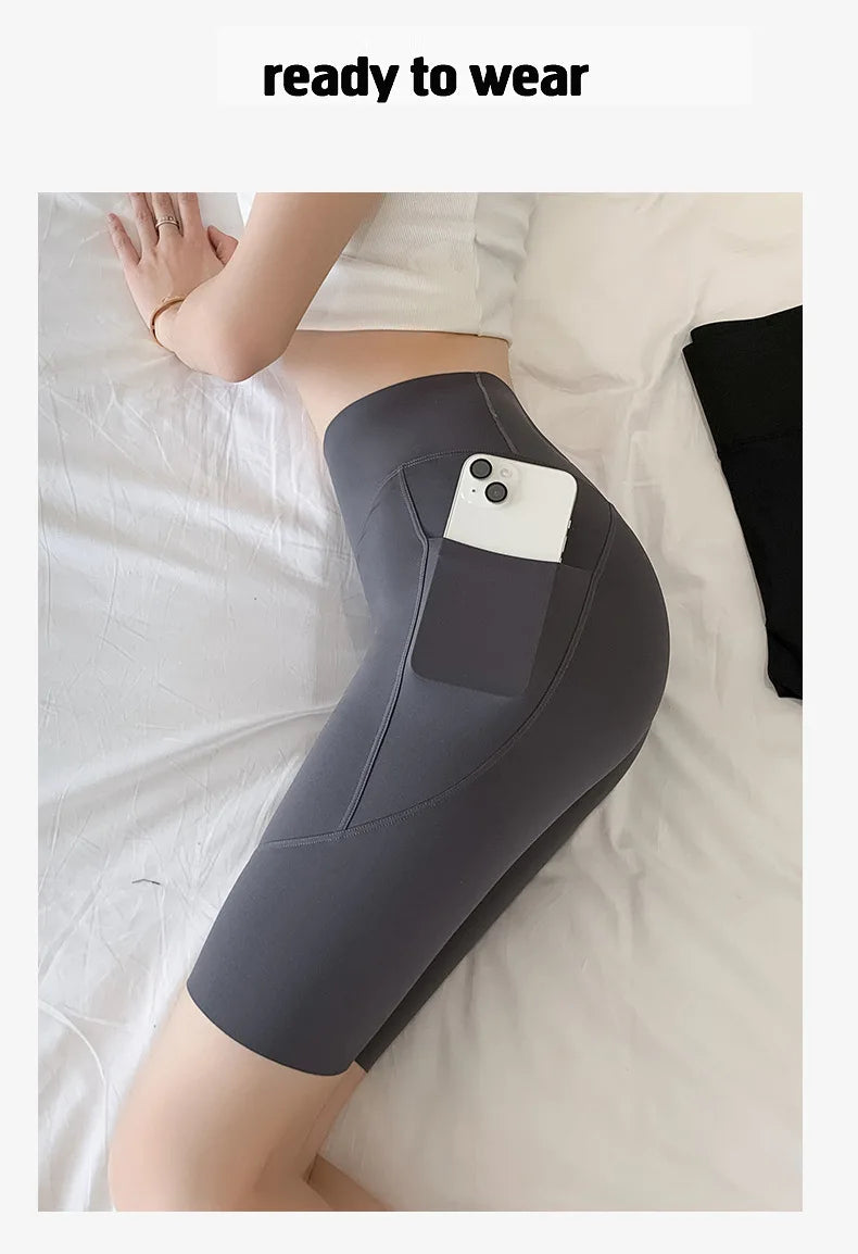 BIVIGAOS Side Pocket Biker Sharkskin Shorts Leggings Women Summer High Waist Thin Slim Skinny Yoga Running Sport Cycling Shorts