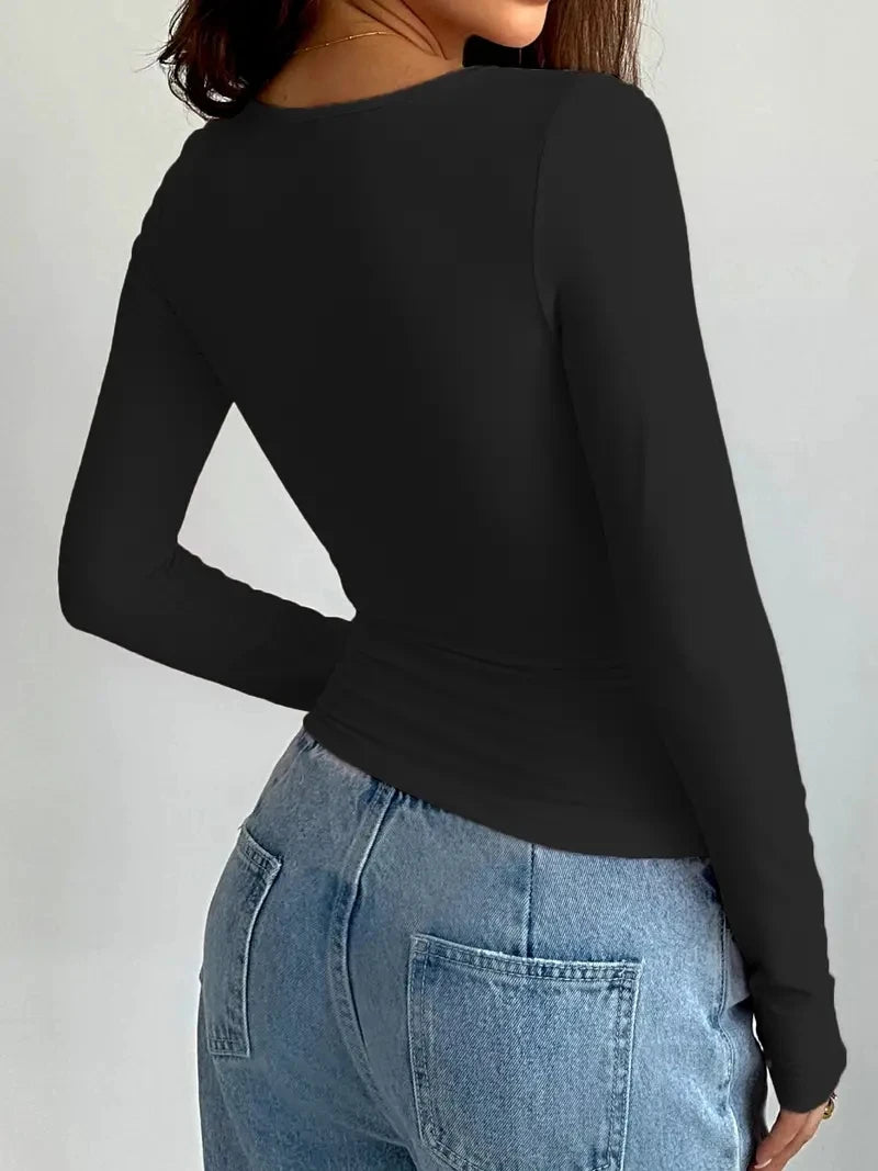 2025 Summer Solid Crew Neck T-Shirt, Casual Long Sleeve Top For Spring & Fall,Women's Clothing