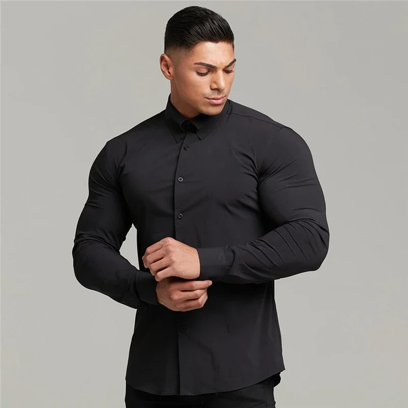 Long Sleeve Solid Shirt Super Slim Fit Male Social Business Dress Brand Men Fitness Men's Casual Sports Shirts Sports Clothing