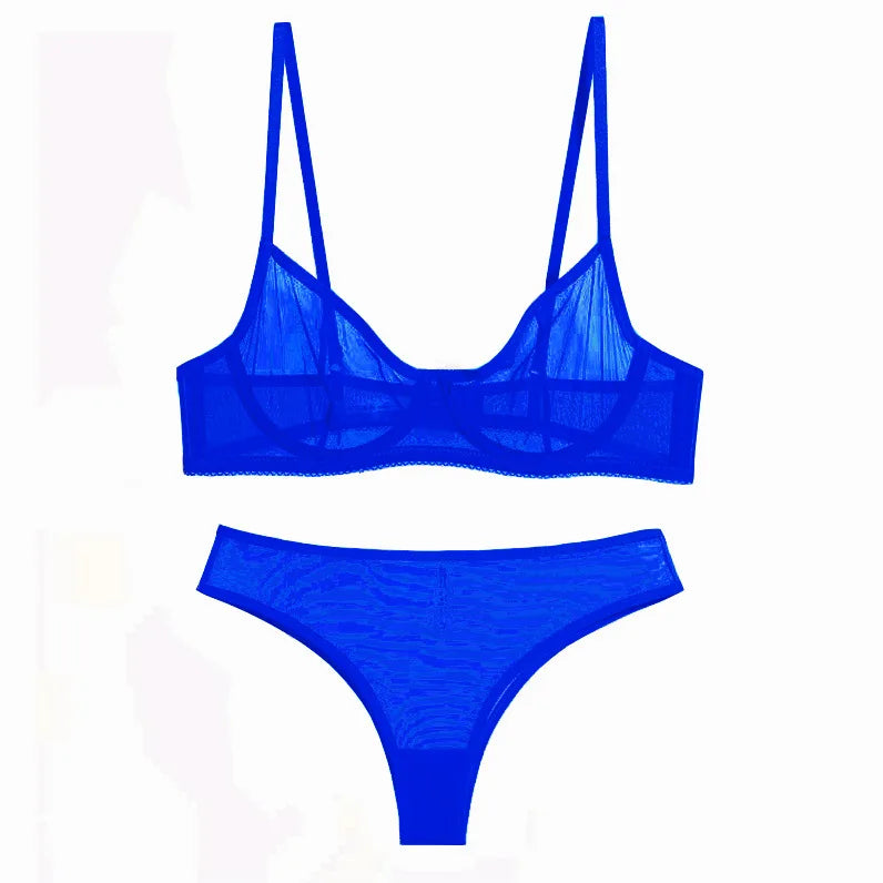 Sexy Lace Ultra-thin Bra Set for Women Mesh Transparent Lingerie French Underwire Push Up Brassiere and Panties Black Temptation