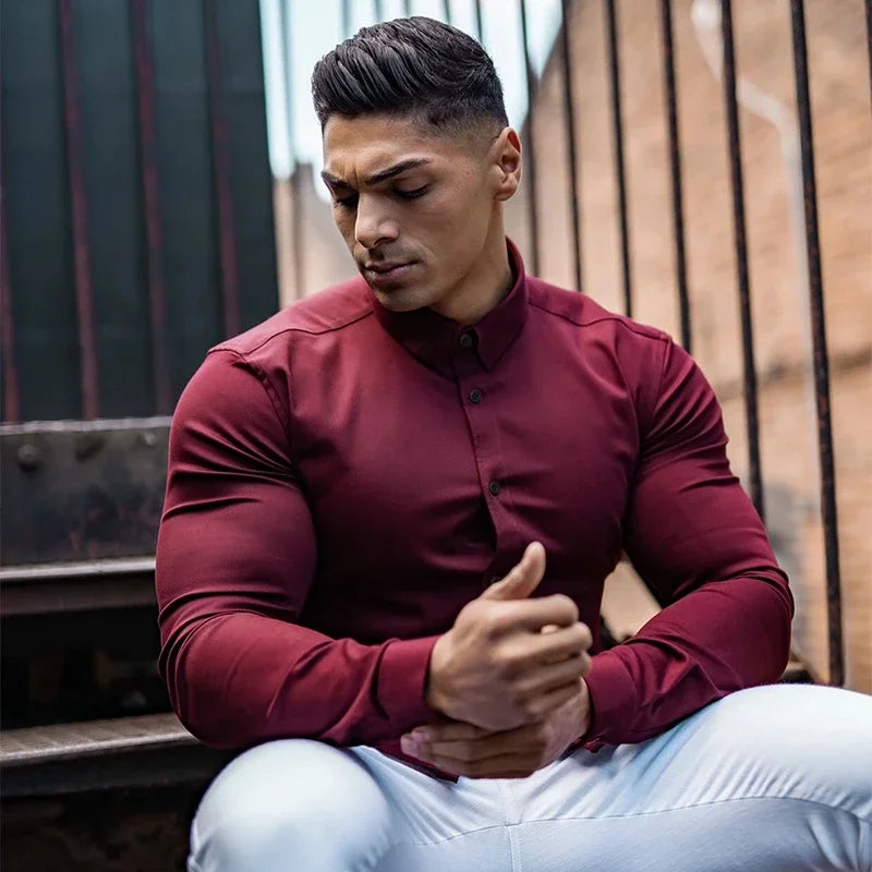 Long Sleeve Solid Shirt Super Slim Fit Male Social Business Dress Brand Men Fitness Men's Casual Sports Shirts Sports Clothing
