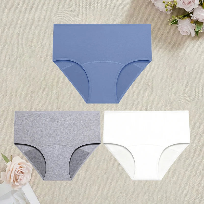 3Pcs/Set Cotton High Waist Physiological Panties For Women Solid Color Leakproof Breathable Underwear Menstrual Period Lingerie