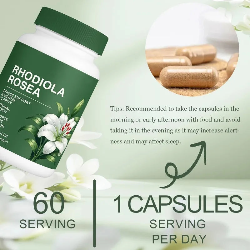 500mg Rhodiola Rosea Capsules Natural Herbaceous Plants Supplement for Daily Stress Support & Energy Balance 60pieces Per Bottle