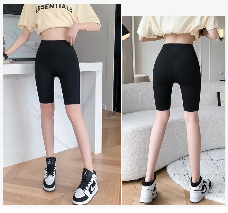 BIVIGAOS Side Pocket Biker Sharkskin Shorts Leggings Women Summer High Waist Thin Slim Skinny Yoga Running Sport Cycling Shorts