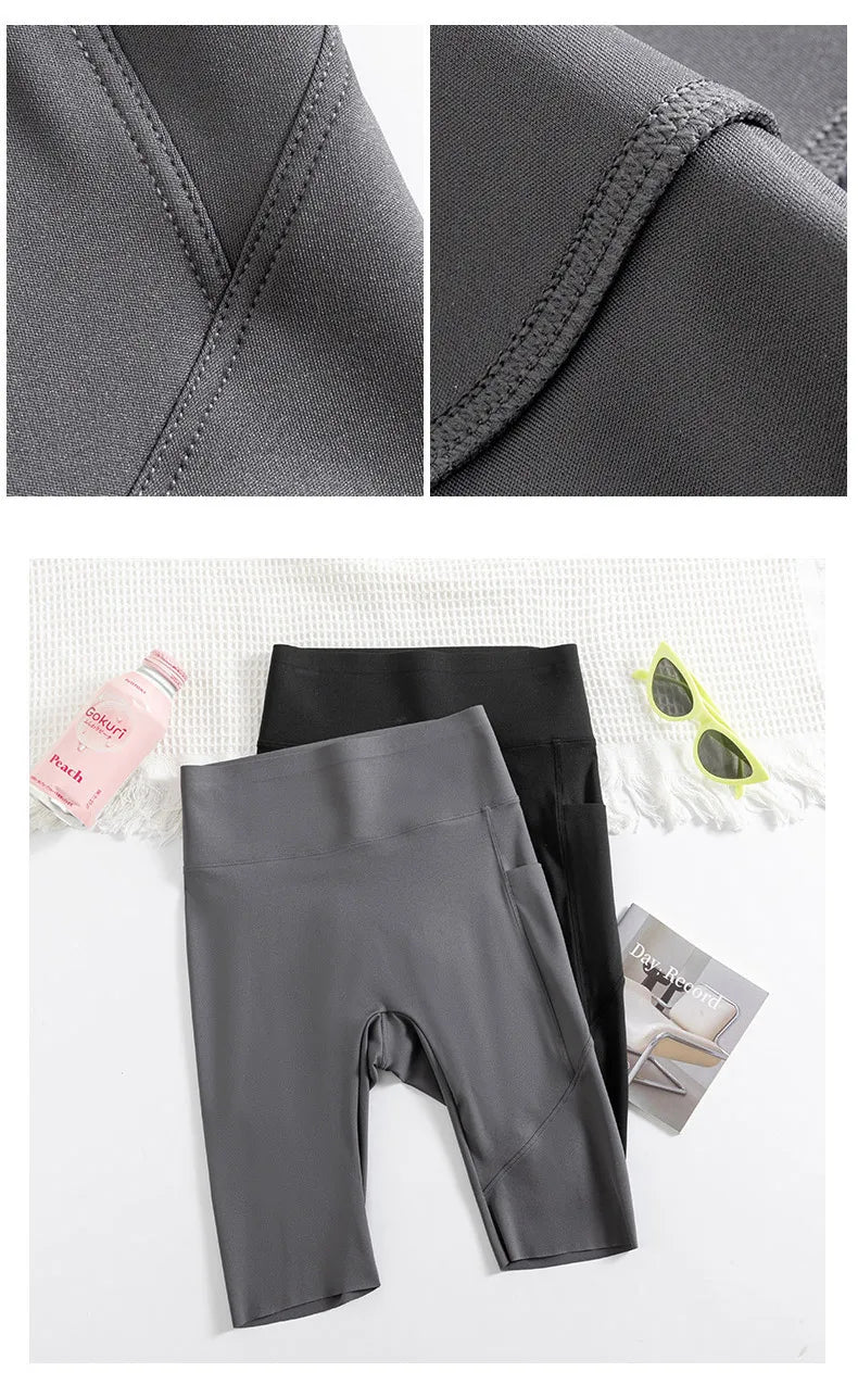 BIVIGAOS Side Pocket Biker Sharkskin Shorts Leggings Women Summer High Waist Thin Slim Skinny Yoga Running Sport Cycling Shorts