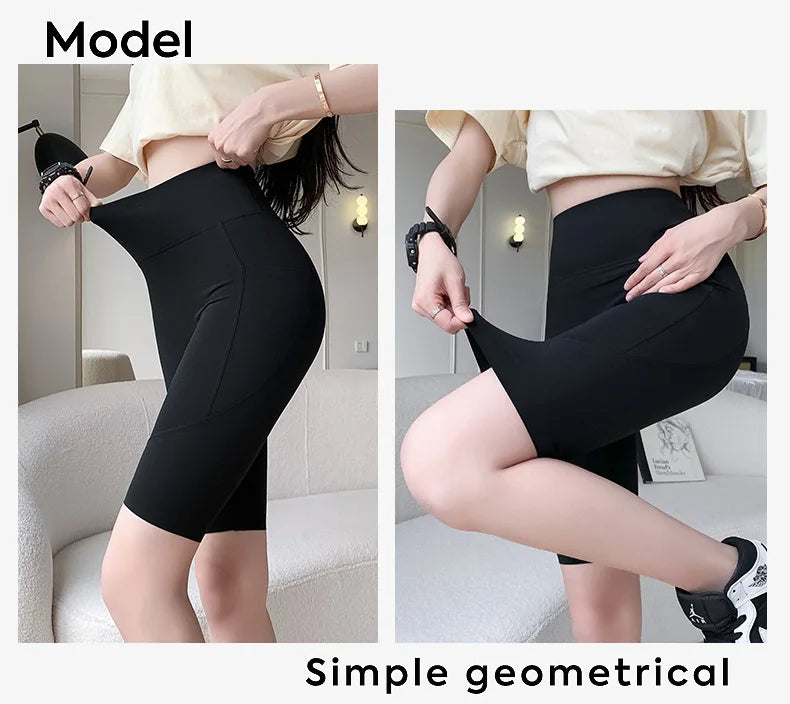 BIVIGAOS Side Pocket Biker Sharkskin Shorts Leggings Women Summer High Waist Thin Slim Skinny Yoga Running Sport Cycling Shorts