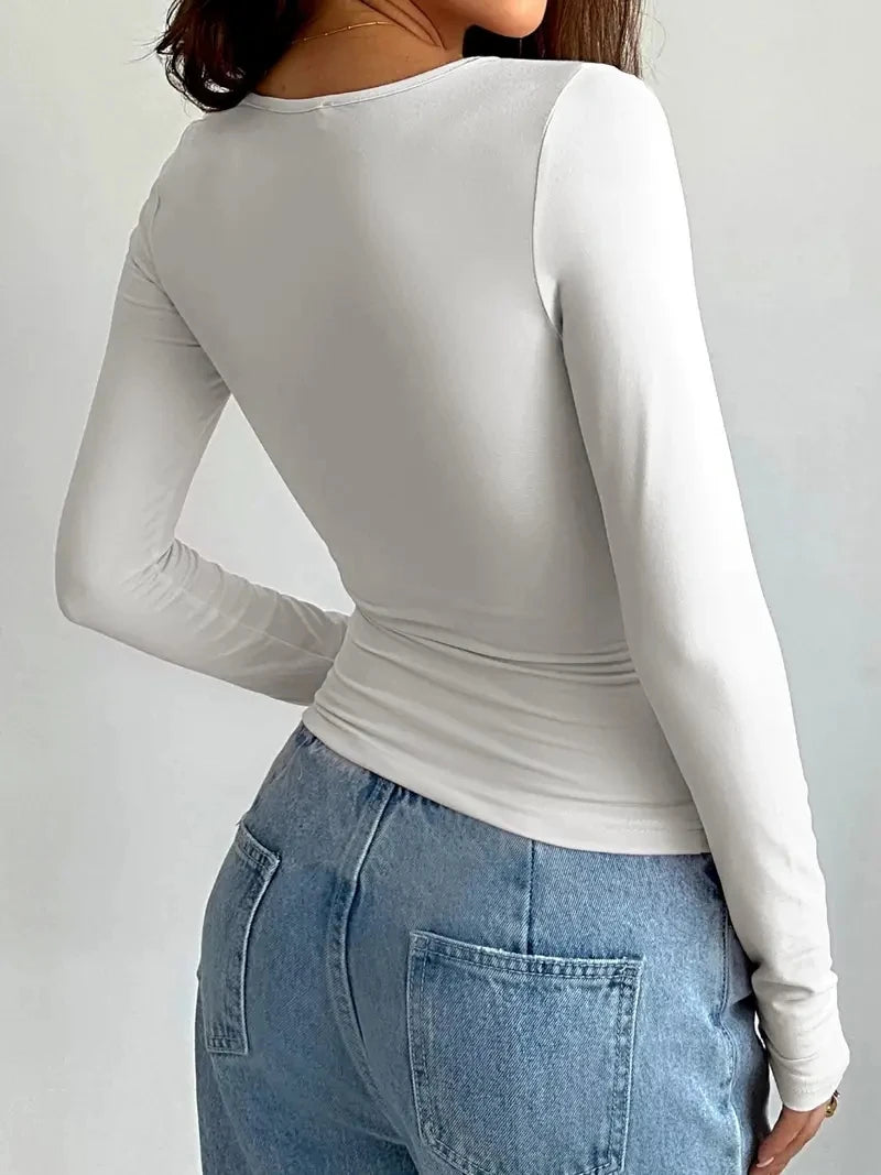 2025 Summer Solid Crew Neck T-Shirt, Casual Long Sleeve Top For Spring & Fall,Women's Clothing
